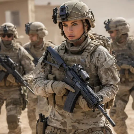 Prompt: Digital concept art, side shot, group photo of special operators, soldiers in the background, medium shot, a hot beautiful spec ops girl in multicam BDU, wearing a heavy plate carrier body armor, wearing OPS-CORE FAST tactical helmet, integrated intercom on helmet, aiming an assault rifle, aiming from shoulder, weapon aim, weapon at the ready, battle ready, night time, night operation, dark surroundings, head facing other way, eyes looking at the buildings, cautious face, on full alert, contrast shadow, sun rays, dramatic lighting, hi res, intricate details, detailed face, detailed armor, detailed hair, detailed eyes, UHD, 8K, 85mm lens, Sony A7R, bokeh