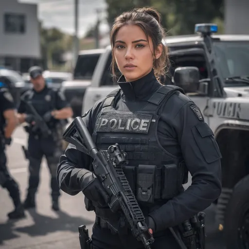 Prompt: in an urban environment, side shot, group shot of police officers, a hot beautiful SWAT girl in black police uniform and black trousers, brunette bun, wearing light body armor, holding assault rifle, police SUV in the background, head facing sideways, cautious face, on full alert, active shooter situation, intricate details, detailed face, detailed hair, detailed eyes, contrast shadow, dramatic lighting, hi res, UHD, 8K