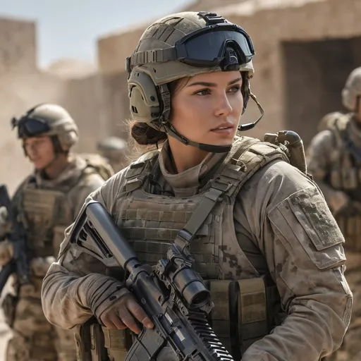 Prompt: Digital concept art, portrait, side shot, group photo of special operators, soldiers in the background, medium shot, a hot beautiful spec ops girl in multicam BDU, wearing a heavy plate carrier body armor, wearing OPS-CORE FAST tactical helmet, integrated headset on helmet, aiming an assault rifle, aiming from shoulder, weapon aim, weapon at the ready, battle ready, patrolling inside a village, head facing other way, eyes looking sideways, cautious face, on full alert, dynamic, energetic, contrast shadow, dramatic lighting, sun rays, hi res, intricate details, detailed face, detailed armor, detailed hair, detailed eyes, UHD, 8K, 85mm lens, Sony A7R, bokeh