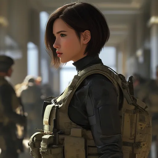 Prompt: Digital concept art, close up, a mercenary girl in (black collared long sleeve shirt), wearing a (camo heavy plate carrier body armor), blue denim pants, VIP protection details, team of soldiers, battle ready, brunette short hair, patrolling in government building complex, cautious face, head facing other way, eyes looking at the buildings, contrast shadow, sun rays, dramatic lighting, hi res, UHD, 8K