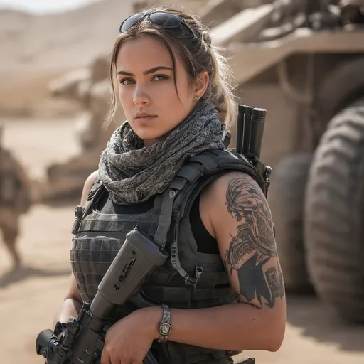 Prompt: Digital concept art, portrait shot, side shot, extreme close up, low angle, a hot beautiful mercenary girl with thick body in tank top, large chest, thick body, thick arms, wearing a heavy plate carrier body armor, shemagh neck scarf, a tattoo, carrying an assault rifle, weapon at the ready, battle ready, inside military base, head facing other way, eyes looking at the camera, smiling, contrast shadow, sun rays, dramatic lighting, hi res, intricate details, detailed face, detailed armor, delicate hair, UHD, 8K, 85mm lens, Sony A7R, bokeh