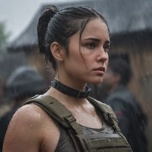 Prompt: Digital concept art, heavy rain, portrait, side profile, extreme close up, a hot beautiful spec ops girl in tank top, wearing heavy plate carrier body armor, wearing choker, brunette bun, inside a village, heavy rain, wet skins, wet hair, dripping wet, cautious face, depressing ambience, cloudy skies, intricate details, detailed face, detailed armor, delicate hair, detailed eyes, contrast shadow, dramatic lighting, hi res, UHD, 8K, 85mm lens, Sony A7R, bokeh