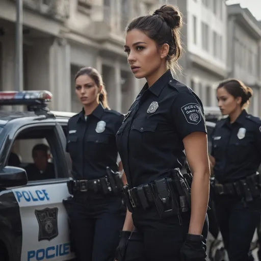 Prompt: in an urban environment, side shot, group shot of police officers, a hot beautiful police girl in black police uniform and black trousers, brunette bun, police SUV in the background, head facing sideways, cautious face, on full alert, shooutout situation, intricate details, detailed face, detailed hair, detailed eyes, contrast shadow, dramatic lighting, hi res, UHD, 8K