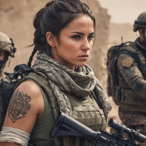 Prompt: Digital concept art, portrait, group photo of special operators, soldiers in the background, extreme close up, upper body shot, side profile, a hot beautiful spec ops girl with toned body in tank top, wearing a heavy plate carrier body armor, shemagh neck scarf, a tattoo, brunette bun, aiming an assault rifle, aiming from shoulder, weapon aim, weapon at the ready, battle ready, patrolling inside a village, head facing other way, eyes looking at camera, cautious face, on full alert, dynamic, energetic, contrast shadow, dramatic lighting, sun rays, hi res, intricate details, detailed face, detailed armor, detailed hair, detailed eyes, UHD, 8K, 85mm lens, Sony A7R, bokeh