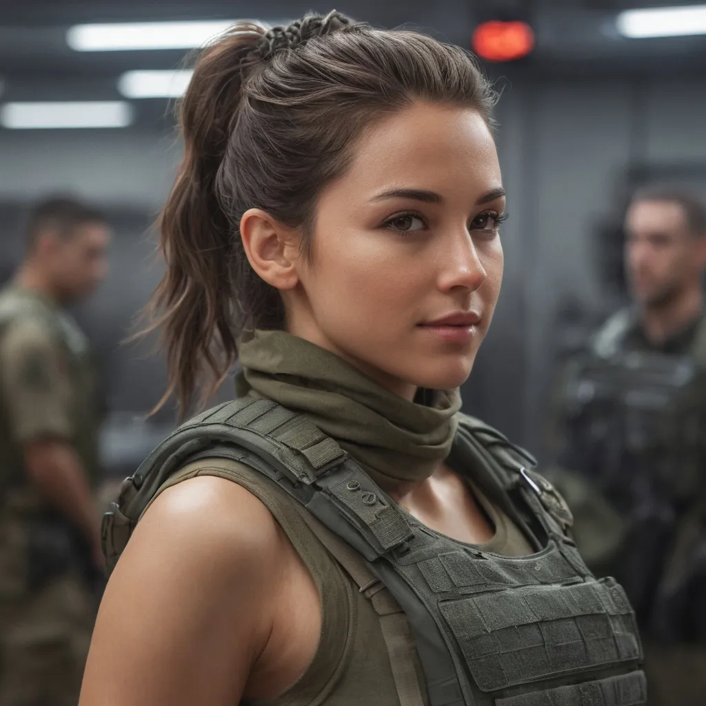 Prompt: Digital concept art, portrait, close up, upper body shot, side shot, military personnels in the background, a hot extremely beautiful spec ops girl in tank top, wearing heavy plate carrier body armor, wearing a scarf, brunette bun, inside military operation room, head facing camera, smiling, hot lips, intricate details, detailed face, detailed armor, delicate hair, detailed eyes, contrast shadow, dramatic lighting, hi res, UHD, 8K, 85mm lens, Sony A7R, bokeh