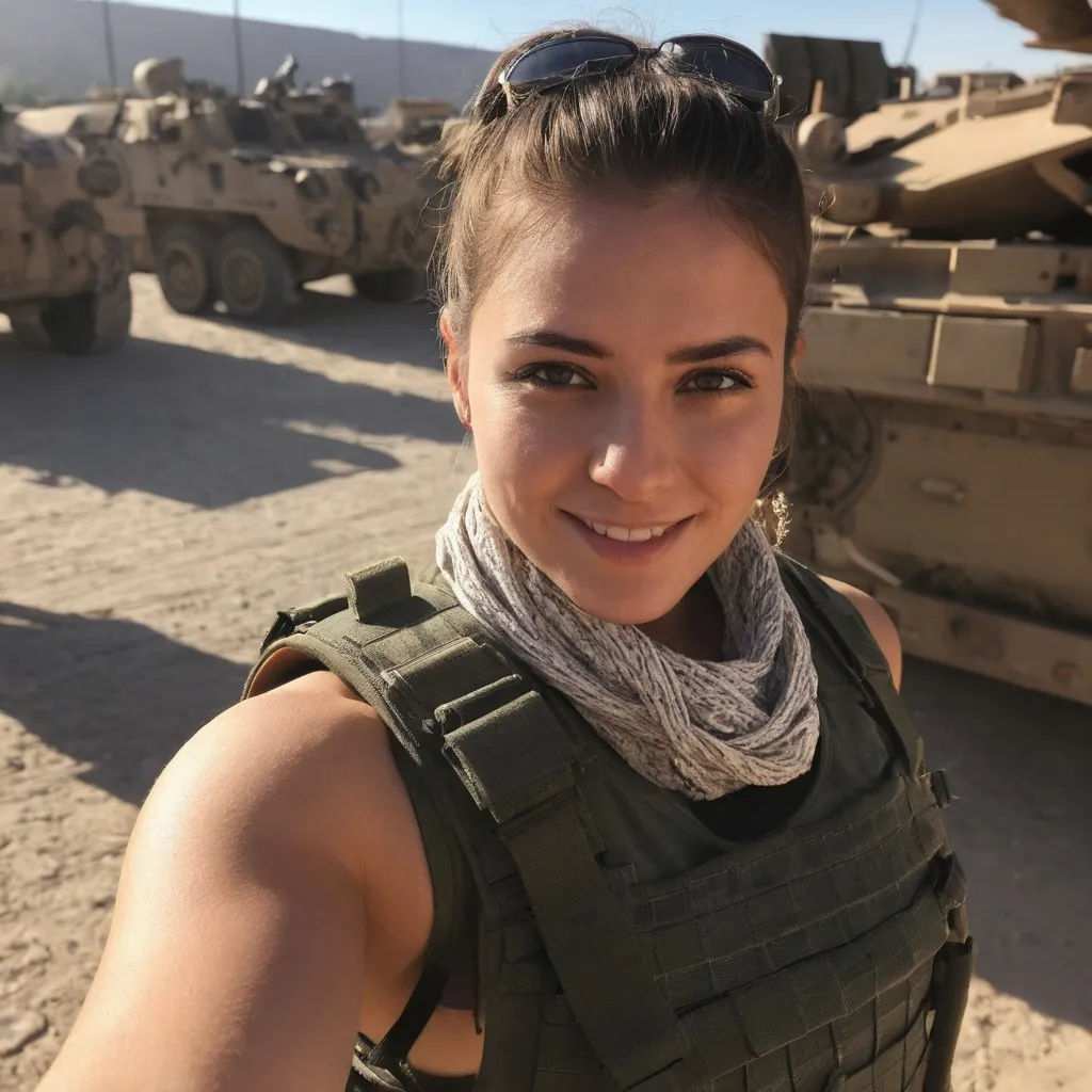 Prompt: Digital concept art, POV, selfie shot, side shot, posing for a selfie with cellphone, extreme close up, a hot beautiful mercenary girl with thick body in tank top, large chest, thick body, thick arms, wearing a heavy plate carrier body armor, shemagh neck scarf, brunette bun, inside military base, cute smile, contrast shadow, sun rays, dramatic lighting, hi res, intricate details, detailed face, detailed armor, delicate hair, detailed eyes, UHD, 8K, iphone 15 Pro