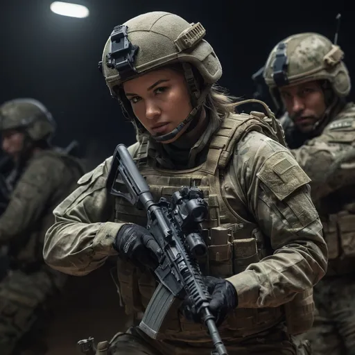 Prompt: Digital concept art, night time, portrait, side shot, group photo of special operators, soldiers in the background, medium shot, a hot beautiful spec ops girl in multicam BDU, wearing a heavy plate carrier body armor, wearing OPS-CORE FAST tactical helmet, integrated headset on helmet, aiming an assault rifle, aiming from shoulder, weapon aim, weapon at the ready, battle ready, night time patrolling, night operation, dark surroundings, pitch dark, head facing other way, eyes looking sideways, cautious face, on full alert, dynamic, energetic, contrast shadow, dramatic lighting, hi res, intricate details, detailed face, detailed armor, detailed hair, detailed eyes, UHD, 8K, 85mm lens, Sony A7R, bokeh