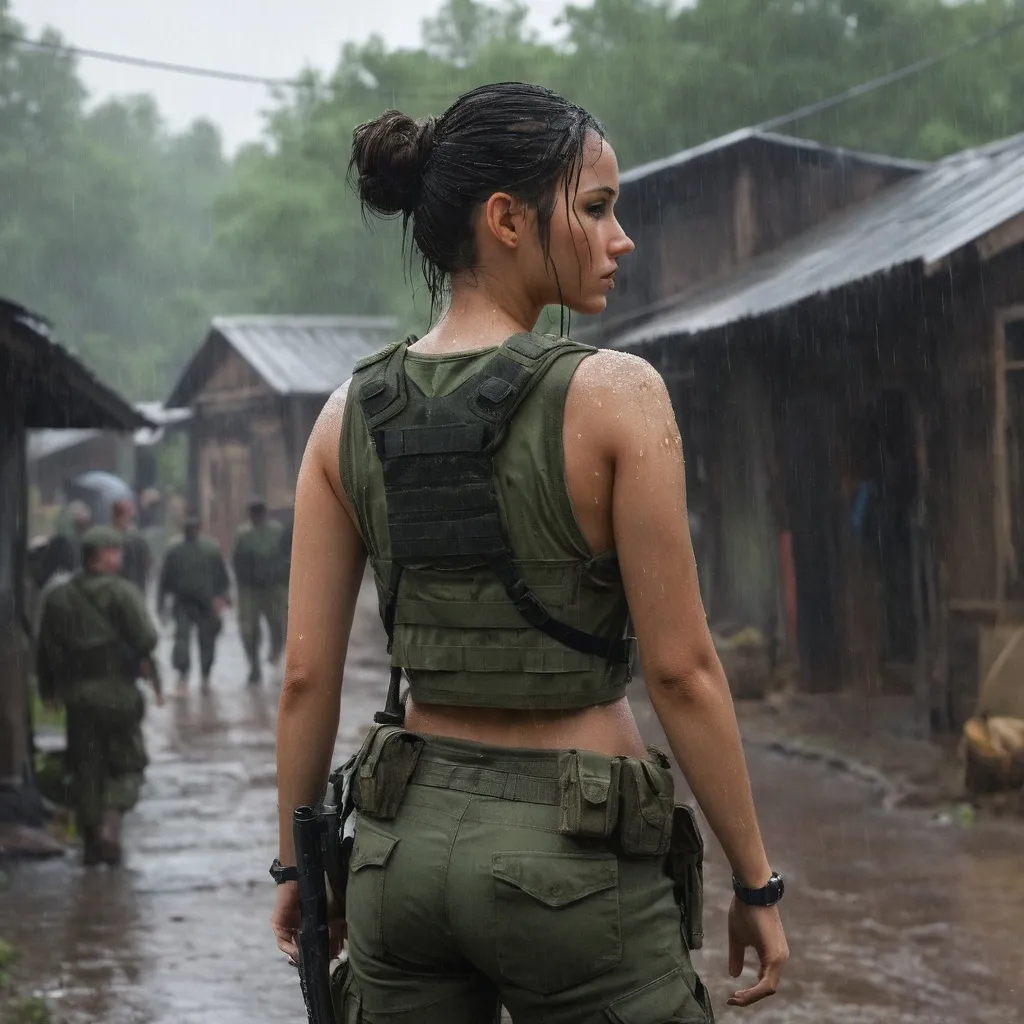 Prompt: Digital concept art, heavy rain, portrait, side profile, back angle, a hot beautiful spec ops girl in tank top, wearing heavy plate carrier body armor, wearing choker, wearing dark green cargo pants, brunette bun, walking inside a village, special operators in the background, in tactical formation, heavy rain, wet skins, wet hair, dripping wet, cautious face, depressing ambience, cloudy skies, intricate details, detailed face, detailed armor, delicate hair, detailed eyes, contrast shadow, dramatic lighting, hi res, UHD, 8K, 85mm lens, Sony A7R, bokeh