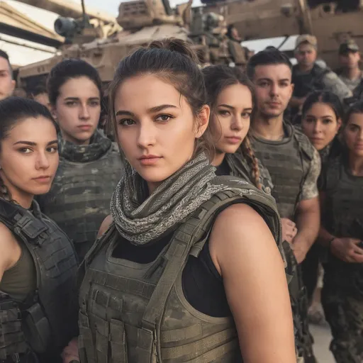 Prompt: Digital concept art, POV, selfie shot, group selfie, selfie with a team of soldiers, side shot, close up, a hot beautiful mercenary girl with thick body in tank top, large chest, thick body, thick arms, wearing a heavy plate carrier body armor, shemagh neck scarf, brunette braided ponytail, inside military base, head facing other way, eyes looking at the camera, cute smile, contrast shadow, sun rays, dramatic lighting, hi res, intricate details, detailed face, detailed armor, delicate hair, detailed eyes, UHD, 8K