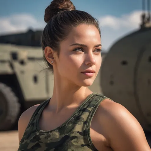 Prompt: Digital concept art, portrait shot, side profile, a hot beautiful mercenary girl with thick body in camo tank top, brunette bun, inside military base, cautious face, head facing other way, eyes looking at the camera, smiling, contrast shadow, sun rays, dramatic lighting, hi res, UHD, 8K, 85mm lens, Sony A7R, bokeh