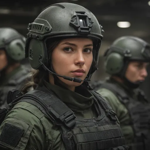 Prompt: Digital concept art, portrait, side shot, extreme close up, group photo of special operators, soldiers in the background, upper body shot, a hot beautiful spec ops girl in dark green BDU, wearing a heavy plate carrier body armor, wearing OPS-CORE FAST helmet, integrated headset on helmet, battle ready, inside military operation room, head facing other way, eyes looking at the buildings, cautious face, contrast shadow, sun rays, dramatic lighting, hi res, intricate details, detailed face, detailed armor, detailed hair, detailed eyes, UHD, 8K, 85mm lens, Sony A7R, bokeh