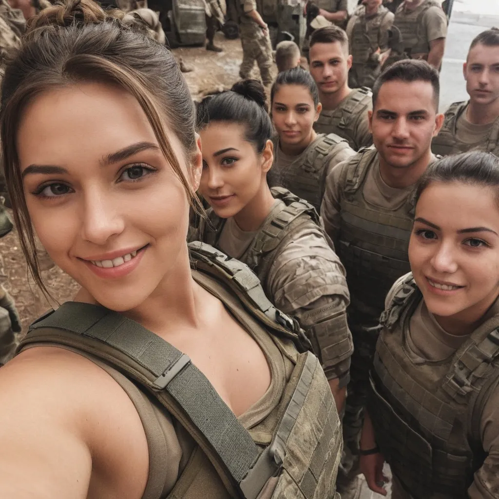 Prompt: Digital concept art, POV, selfie shot, group selfie, selfie with a team of soldiers, side shot, close up, a hot beautiful mercenary girl with thick body in beige t-shirt, large chest, wearing a heavy plate carrier body armor, brunette bun, in military base, head facing other way, eyes looking at the camera, cute smile, contrast shadow, sun rays, dramatic lighting, hi res, intricate details, detailed face, detailed armor, intricate hair, detailed eyes, UHD, 8K