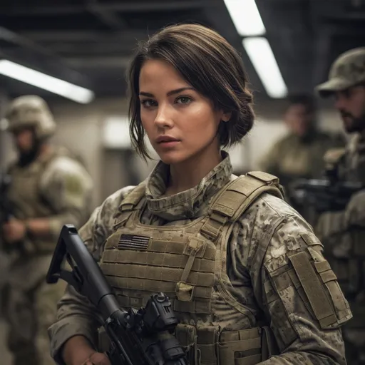 Prompt: Digital concept art, portrait, side shot, group photo of special operators, soldiers in the background, upper body shot, a hot beautiful spec ops girl in multicam BDU, wearing a heavy plate carrier body armor, brunette short hair, carrying an assault rifle, weapon at the ready, battle ready, inside military operation room, head facing other way, eyes looking at the buildings, cautious face, contrast shadow, sun rays, dramatic lighting, hi res, intricate details, detailed face, detailed armor, detailed hair, detailed eyes, UHD, 8K, 85mm lens, Sony A7R, bokeh