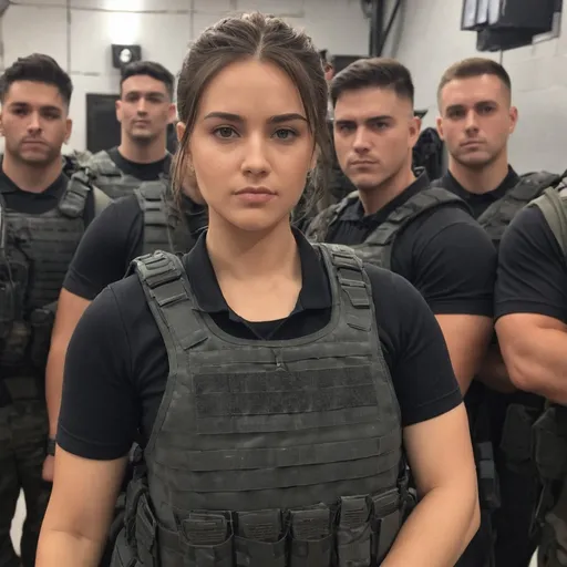 Prompt: Digital concept art, POV, selfie shot, group selfie, selfie with a team of soldiers, side shot, close up, a hot beautiful mercenary girl with thick body in black polo shirt, large chest, thick body, thick arms, wearing a heavy plate carrier body armor, brunette bun, inside military base, head facing other way, eyes looking at the camera, cute smile, contrast shadow, sun rays, dramatic lighting, hi res, intricate details, detailed face, detailed armor, delicate hair, detailed eyes, UHD, 8K