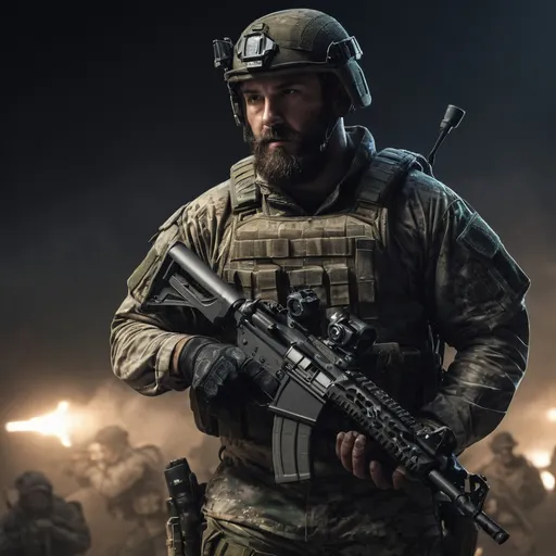 Prompt: Digital concept art, night time, portrait, side shot, group photo of special operators, soldiers in the background, medium shot, a handsome spec ops man in multicam BDU, full beard, wearing a heavy plate carrier body armor, wearing OPS-CORE FAST tactical helmet, integrated intercom on helmet, aiming an assault rifle, aiming from shoulder, weapon aim, weapon at the ready, battle ready, night time, night operation, dark surroundings, pitch dark, head facing other way, eyes looking sideways, cautious face, on full alert, dynamic, energetic, contrast shadow, dramatic lighting, hi res, intricate details, detailed face, detailed armor, detailed hair, detailed eyes, UHD, 8K, 85mm lens, Sony A7R, bokeh