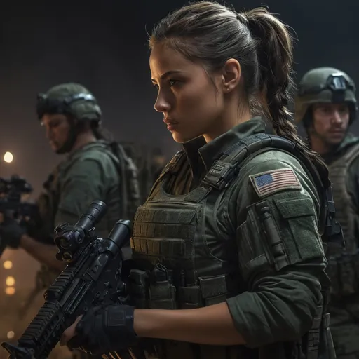 Prompt: Digital concept art, night time, portrait, side shot, group photo of special operators, soldiers in the background, extreme close up, a hot beautiful spec ops girl in dark green shirt, wearing a heavy plate carrier body armor, brunette braided ponytail, aiming an assault rifle, aiming from shoulder, weapon aim, weapon at the ready, battle ready, night time, night operation, dark surroundings, pitch dark, head facing other way, eyes looking sideways, cautious face, on full alert, dynamic, energetic, contrast shadow, dramatic lighting, hi res, intricate details, detailed face, detailed armor, detailed hair, detailed eyes, UHD, 8K, 85mm lens, Sony A7R, bokeh