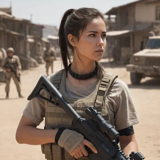 Prompt: Digital concept art, daytime, portrait, side shot, close up, group shot of special operators, a hot beautiful spec ops girl in plain beige v-neck t-shirt, wearing heavy plate carrier body armor, wearing a choker, brunette ponytail, carrying assault rifle, weapon at the ready, inside village, head facing sideways, cautious face, full alert, depressing ambience, intricate details, detailed face, detailed armor, delicate hair, detailed eyes, contrast shadow, dramatic lighting, hi res, UHD, 8K, 85mm lens, Sony A7R, bokeh