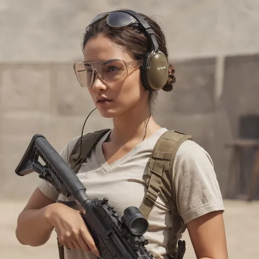 Prompt: Digital concept art, daytime, portrait, side shot, close up, a hot beautiful spec ops thickbgirl in plain beige casual v-neck t-shirt, wearing safety goggles, wearing earmuffs, brunette bun, carrying assault rifle, weapon at the ready, inside outdoor shooting range, head facing sideways, serious face, intricate details, detailed face, detailed armor, delicate hair, detailed eyes, contrast shadow, dramatic lighting, hi res, UHD, 8K, 85mm lens, Sony A7R, bokeh