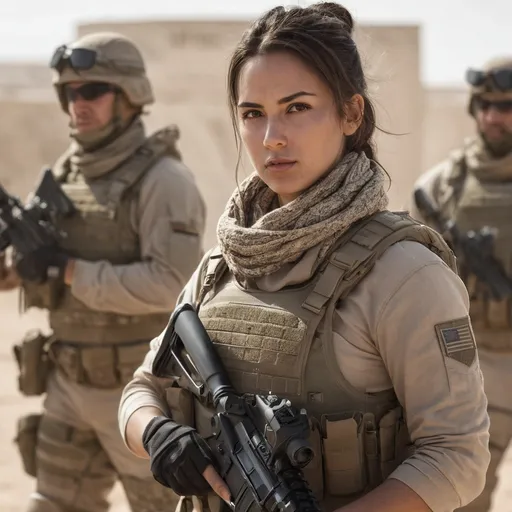 Prompt: Digital concept art, portrait, side shot, group photo of special operators, soldiers in the background, medium shot, a hot beautiful spec ops girl in beige v-neck t-shirt, wearing a heavy plate carrier body armor, shemagh neck scarf, brunette bun, aiming an assault rifle, aiming from shoulder, weapon aim, weapon at the ready, battle ready, patrolling inside a village, head facing other way, eyes looking sideways, cautious face, on full alert, dynamic, energetic, contrast shadow, dramatic lighting, sun rays, hi res, intricate details, detailed face, detailed armor, detailed hair, detailed eyes, UHD, 8K, 85mm lens, Sony A7R, bokeh