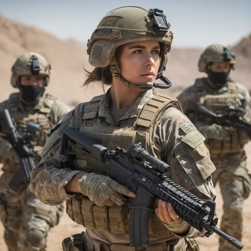 Prompt: Digital concept art, portrait, side shot, group photo of special operators, soldiers in the background, medium shot, a hot beautiful spec ops girl in multicam BDU, wearing a heavy plate carrier body armor, wearing OPS-CORE FAST tactical helmet, integrated intercom on helmet, aiming an assault rifle, aiming from shoulder, weapon aim, weapon at the ready, battle ready, night time, night operation, dark surroundings, pitch dark, head facing other way, eyes looking sideways, cautious face, on full alert, contrast shadow, sun rays, dramatic lighting, hi res, intricate details, detailed face, detailed armor, detailed hair, detailed eyes, UHD, 8K, 85mm lens, Sony A7R, bokeh