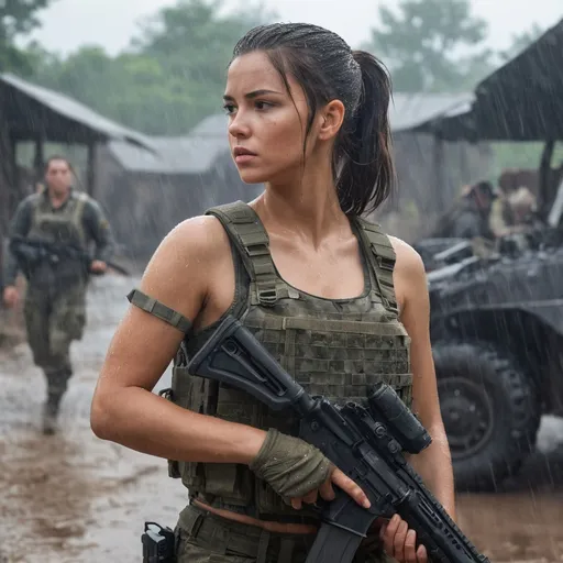 Prompt: Digital concept art, portrait, side profile, medium shot, a hot beautiful spec ops girl in tank top, wearing heavy plate carrier body armor, carrying an assault rifle, weapon at the ready, brunette bun, patrolling inside a village, special operators in the background, in tactical formation, raining, wet skins, wet hair, dripping wet, cautious face, depressing ambience, cloudy skies, intricate details, detailed face, detailed armor, delicate hair, detailed eyes, contrast shadow, dramatic lighting, hi res, UHD, 8K, 85mm lens, Sony A7R, bokeh