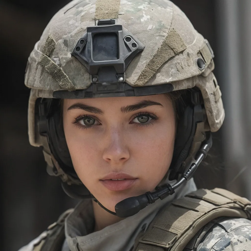 Prompt: Digital concept art, daytime, portrait, side shot, extreme close up, a hot beautiful spec ops girl in US Army ACU camo BDU, wearing heavy plate carrier body armor, wearing OPS-CORE FAST helmet, integrated headset on helmet, inside urban environment, head facing sideways, eyes looking at the camera, cautious face, intricate details, detailed face, detailed armor, delicate hair, detailed eyes, contrast shadow, dramatic lighting, hi res, UHD, 8K, 85mm lens, Sony A7R, bokeh