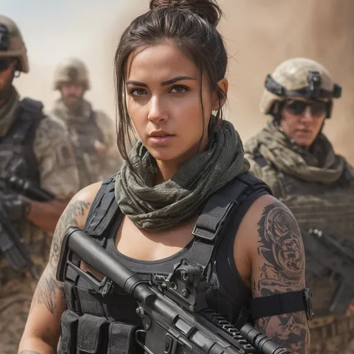 Prompt: Digital concept art, portrait, group photo of special operators, soldiers in the background, extreme close up, upper body shot, a hot beautiful spec ops girl with toned body in tank top, wearing a heavy plate carrier body armor, shemagh neck scarf, a tattoo, brunette bun, aiming an assault rifle, aiming from shoulder, weapon aim, weapon at the ready, battle ready, patrolling inside a village, head facing other way, eyes looking at camera, cautious face, on full alert, dynamic, energetic, contrast shadow, dramatic lighting, sun rays, hi res, intricate details, detailed face, detailed armor, detailed hair, detailed eyes, UHD, 8K, 85mm lens, Sony A7R, bokeh