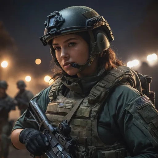 Prompt: Digital concept art, night time, portrait, side shot, group photo of special operators, soldiers in the background, close up, a hot beautiful spec ops girl in multicam BDU, wearing a heavy plate carrier body armor, wearing OPS-CORE FAST tactical helmet, integrated intercom on helmet, aiming an assault rifle, aiming from shoulder, weapon aim, weapon at the ready, battle ready, night time, night operation, dark surroundings, pitch dark, head facing other way, eyes looking sideways, cautious face, on full alert, dynamic, energetic, contrast shadow, dramatic lighting, hi res, intricate details, detailed face, detailed armor, detailed hair, detailed eyes, UHD, 8K, 85mm lens, Sony A7R, bokeh