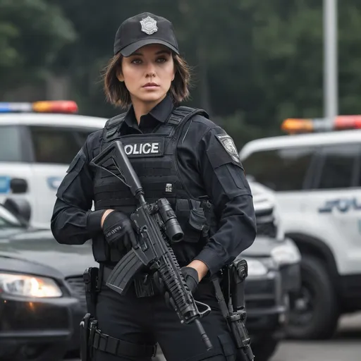 Prompt: in an urban environment, side shot, group shot of police officers, a hot beautiful police girl in black police uniform and black trousers, brunette short hair, wearing black cap, wearing light body armor, holding assault rifle, police SUV in the background, head facing sideways, cautious face, on full alert, active shooter situation, intricate details, detailed face, detailed hair, detailed eyes, contrast shadow, dramatic lighting, hi res, UHD, 8K