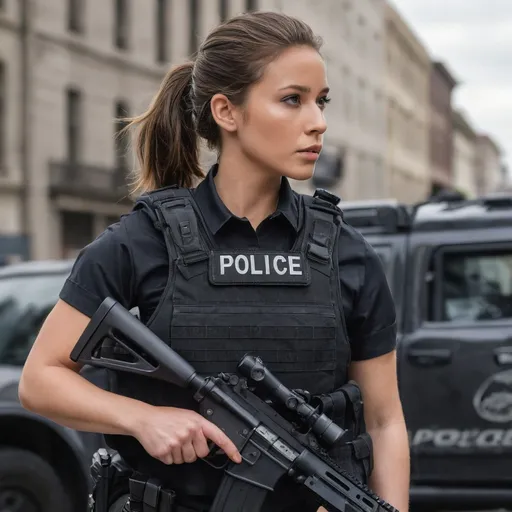 Prompt: in an urban environment, close up, side shot, group shot of police officers, a hot beautiful police girl in black police uniform and black trousers, brunette bun, wearing soft armor vest, holding assault rifle, police SUV in the background, head facing sideways, cautious face, on full alert, active shooter situation, intricate details, detailed face, detailed hair, detailed eyes, contrast shadow, dramatic lighting, hi res, UHD, 8K