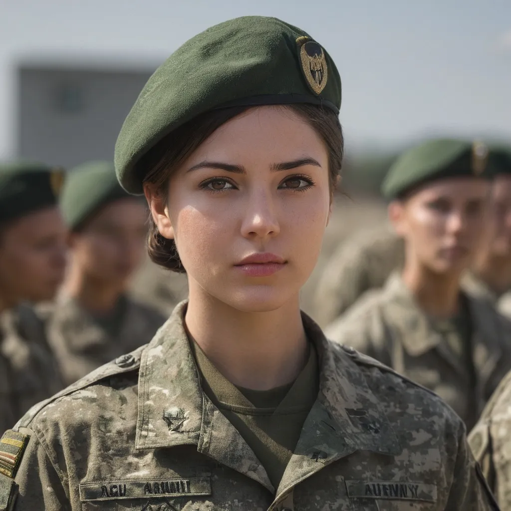 Prompt: Digital concept art, daytime, side shot, medium shot, group of graduate soldiers in background, a hot beautiful spec ops girl in US Army ACU camo uniform, wearing green beret, victory roll, short hair, inside military field, graduation ceremony, standing at attention, head facing sideways, eyes looking at the camera, cautious face, intricate details, detailed face, detailed armor, delicate hair, detailed eyes, contrast shadow, dramatic lighting, hi res, UHD, 8K, 85mm lens, Sony A7R, bokeh