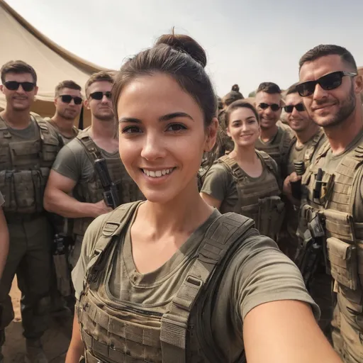 Prompt: Digital concept art, POV, selfie, group selfie, group shot, side shot, group selfie of soldiers, extreme close up shot, a hot beautiful spec ops girl in beige v-neck t-shirt, wearing a heavy plate carrier body armor, brunette bun, cute smile, in front of barrack tent, contrast shadow, dramatic lighting, sun rays, hi res, intricate details, detailed face, detailed armor, detailed hair, detailed eyes, UHD, 8K, 85mm lens, Sony A7R, bokeh