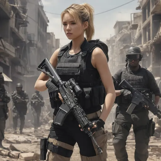 Prompt: Digital concept art, side shot, dutch angle, a cool anime girl with thick body in black shirt with a plate carrier body armor, beige cargo pants, a woman carrying assault rifle with both her hands, assault rifle at the ready, group of soldiers in the background, battle ready, black short ponytail, post apocalyptic, walking in destroyed city, cautious face, head facing other way, eyes looking at the buildings, contrast shadow, sun rays, hi res, UHD, 8K