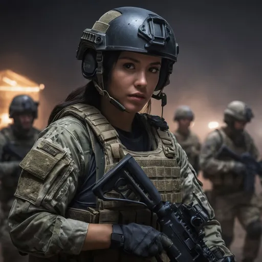 Prompt: Digital concept art, night time, portrait, side shot, group photo of special operators, soldiers in the background, medium shot, a hot beautiful spec ops girl in multicam BDU, wearing a heavy plate carrier body armor, wearing OPS-CORE FAST tactical helmet, integrated headset on helmet, aiming an assault rifle, aiming from shoulder, weapon aim, weapon at the ready, battle ready, night time, night operation, dark surroundings, pitch dark, head facing other way, eyes looking sideways, cautious face, on full alert, dynamic, energetic, contrast shadow, dramatic lighting, hi res, intricate details, detailed face, detailed armor, detailed hair, detailed eyes, UHD, 8K, 85mm lens, Sony A7R, bokeh