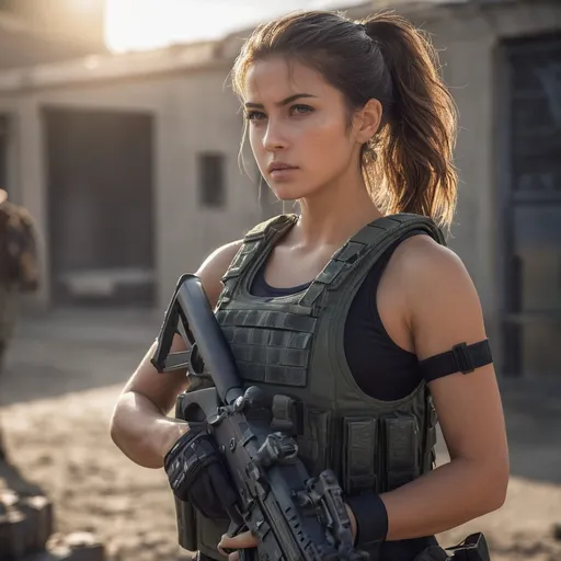 Prompt: Digital concept art, portrait shot, a hot beautiful mercenary girl in tank top, wearing a heavy plate carrier body armor, carrying an assault rifle, weapon at the ready, battle ready, brunette short ponytail, inside military base, cautious face, head facing other way, eyes looking at the camera, contrast shadow, sun rays, dramatic lighting, hi res, UHD, 8K, 85mm lens, Sony A7R, bokeh