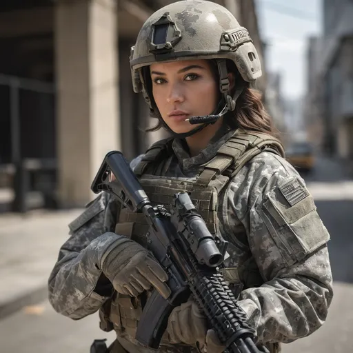 Prompt: Digital concept art, daytime, portrait, side shot, extreme close up, a hot beautiful spec ops girl in US Army ACU camo BDU, wearing heavy plate carrier body armor, wearing OPS-CORE FAST helmet, integrated headset on helmet, carrying assault rifle, weapon at the ready, inside urban environment, head facing sideways, eyes looking at the camera, cautious face, intricate details, detailed face, detailed armor, delicate hair, detailed eyes, contrast shadow, dramatic lighting, hi res, UHD, 8K, 85mm lens, Sony A7R, bokeh