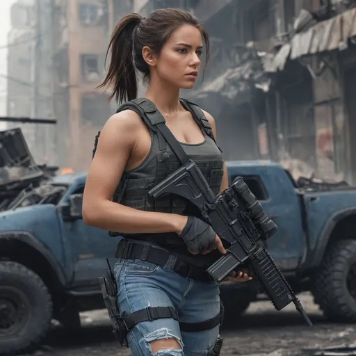 Prompt: Digital concept art, close up shot, side shot, a hot beautiful mercenary girl in tank top, wearing a heavy plate carrier body armor, blue denim pants, exposed arms, carrying an assault rifle, weapon at the ready, soldiers in the background, several black tactical SUV in the background, battle ready, brunette short ponytail, running inside destroyed city, cautious face, head facing other way, eyes looking at the buildings, contrast shadow, sun rays, dramatic lighting, hi res, post-apocalyptic, UHD, 8K