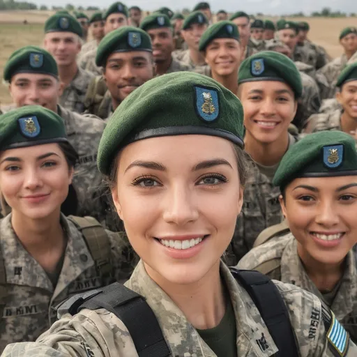 Prompt: Digital concept art, daytime, POV, selfie shot, group selfie, posing for a selfie, side shot, extreme close up, US Army Green Berets, group of soldiers in background, a hot beautiful girl in US Army ACU camo uniform, wearing green beret, victory roll, short hair, inside military field, eyes looking at the camera, smiling at camera, cheerful, intricate details, detailed face, delicate hair, detailed eyes, contrast shadow, dramatic lighting, hi res, UHD, 8K