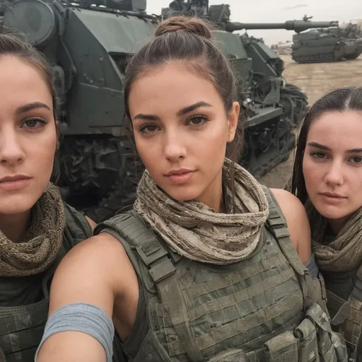 Prompt: Digital concept art, POV, selfie shot, group selfie, selfie with three soldiers, side shot, extreme close up, a hot beautiful mercenary girl with thick body in tank top, large chest, thick body, thick arms, wearing a heavy plate carrier body armor, shemagh neck scarf, brunette braided ponytail, inside military base, head facing other way, eyes looking at the camera, cute smile, contrast shadow, sun rays, dramatic lighting, hi res, intricate details, detailed face, detailed armor, delicate hair, detailed eyes, UHD, 8K