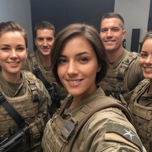 Prompt: Digital concept art, POV, taking a selfie pose, group selfie, side shot, high angle, group selfie of soldiers, extreme close up, a hot beautiful spec ops girl in multicam BDU, wearing a heavy plate carrier body armor, brunette short hair, cute smile, inside military operation room, contrast shadow, dramatic lighting, sun rays, hi res, intricate details, detailed face, detailed armor, detailed hair, detailed eyes, UHD, 8K, iphone 15