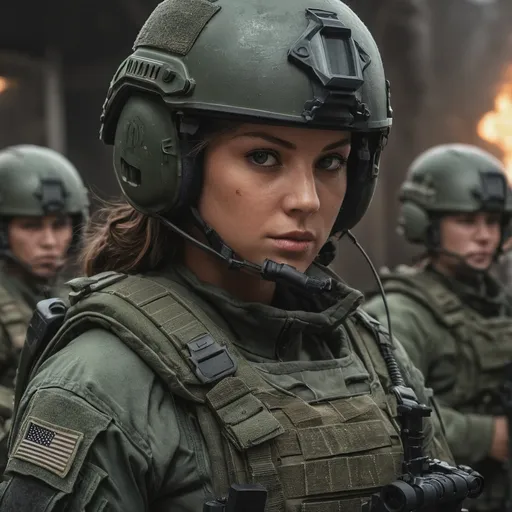 Prompt: Digital concept art, portrait, side shot, extreme close up, group photo of special operators, soldiers in the background, upper body shot, a hot beautiful spec ops girl in dark green BDU, wearing a heavy plate carrier body armor, wearing OPS-CORE FAST helmet, integrated headset on helmet, carrying an assault rifle, weapon at the ready, battle ready, inside military operation room, head facing other way, eyes looking at the buildings, cautious face, contrast shadow, sun rays, dramatic lighting, hi res, intricate details, detailed face, detailed armor, detailed hair, detailed eyes, UHD, 8K, 85mm lens, Sony A7R, bokeh