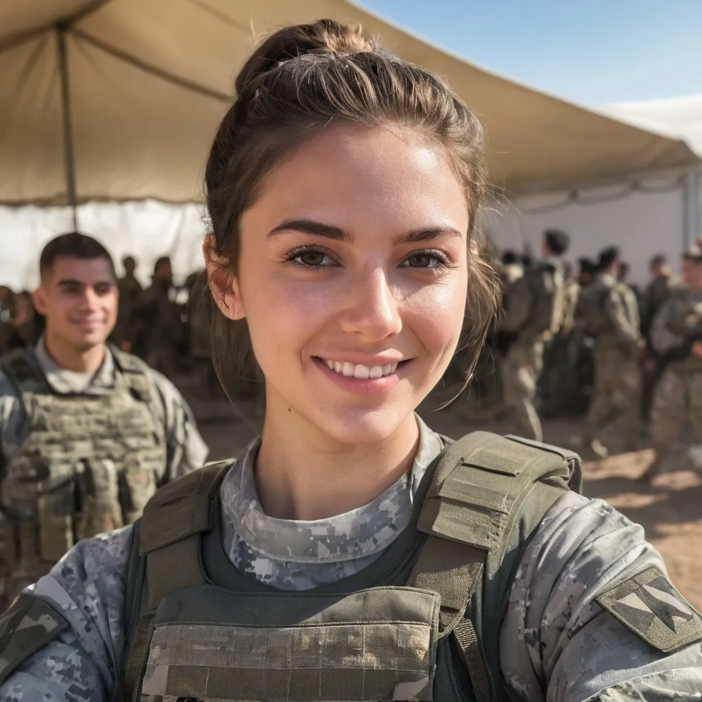 Prompt: Digital concept art, daytime, POV, taking a selfie, selfie shot, side shot, close up, group of soldiers in background, a hot beautiful girl in US Army ACU camo BDU, wearing heavy plate carrier body armor, brunette bun, inside military forward operation base, in front of tents, eyes looking at the camera, smiling at camera, cute smile, cheerful, intricate details, detailed face, delicate hair, detailed eyes, contrast shadow, dramatic lighting, hi res, UHD, 8K