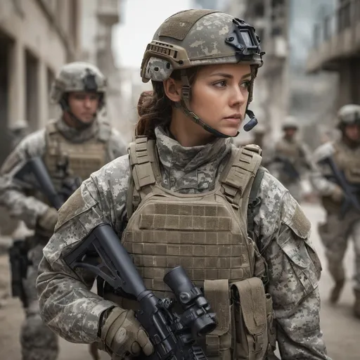 Prompt: Digital concept art, daytime, portrait, side shot, extreme close up, group photo of special operators, three soldiers in the background, a hot beautiful spec ops girl in US Army ACU camo BDU, wearing heavy plate carrier body armor, wearing OPS-CORE FAST helmet, integrated headset on helmet, carrying assault rifle, weapon at the ready, inside urban environment, head facing sideways, eyes looking at the camera, cautious face, intricate details, detailed face, detailed armor, delicate hair, detailed eyes, contrast shadow, dramatic lighting, hi res, UHD, 8K, 85mm lens, Sony A7R, bokeh