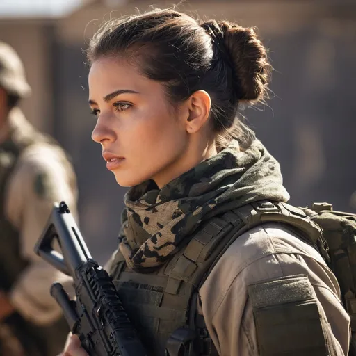 Prompt: Digital concept art, portrait shot, extreme close up, side profile, a hot beautiful mercenary girl in camo BDU, wearing a heavy plate carrier body armor, shemagh neck scarf, brunette bun, clear eye protection, carrying an assault rifle, weapon at the ready, battle ready, inside military base, group of soldiers, cautious face, contrast shadow, sun rays, dramatic lighting, hi res, UHD, 8K, 85mm lens, Sony A7R, bokeh