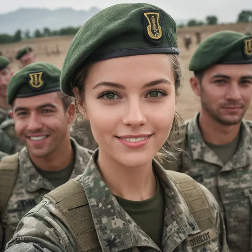 Prompt: Digital concept art, daytime, POV, selfie shot, side shot, extreme close up, US Army Green Berets, group of soldiers in background, a hot beautiful girl in US Army ACU camo uniform, wearing green beret, victory roll, short hair, inside military field, eyes looking at the camera, smiling at camera, cheerful, intricate details, detailed face, delicate hair, detailed eyes, contrast shadow, dramatic lighting, hi res, UHD, 8K