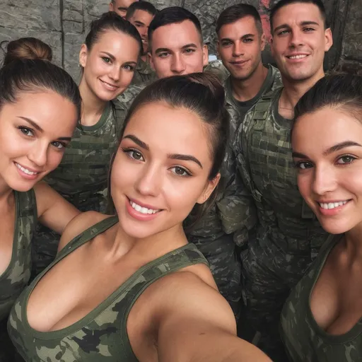 Prompt: Digital concept art, POV, selfie shot, group selfie, side shot, posing for a selfie with a cellphone, selfie with three soldiers, extreme close up, a hot beautiful mercenary girl with thick body in camo tank top, large chest, thick arms, brunette bun, inside military base, head facing other way, eyes looking at the camera, cute smile, intricate details, detailed face, detailed armor, delicate hair, detailed eyes, contrast shadow, sun rays, dramatic lighting, hi res, UHD, 8K