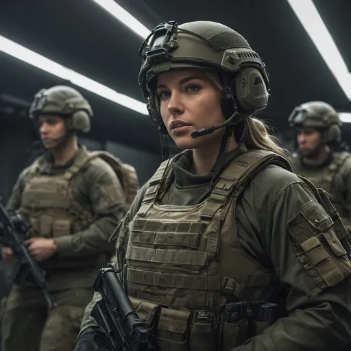 Prompt: Digital concept art, portrait, side shot, group photo of special operators, soldiers in the background, upper body shot, a hot beautiful spec ops girl in dark green BDU, wearing a heavy plate carrier body armor, wearing OPS-CORE FAST helmet, integrated headset on helmet, carrying an assault rifle, weapon at the ready, battle ready, inside military operation room, head facing other way, eyes looking at the buildings, cautious face, contrast shadow, sun rays, dramatic lighting, hi res, intricate details, detailed face, detailed armor, detailed hair, detailed eyes, UHD, 8K, 85mm lens, Sony A7R, bokeh