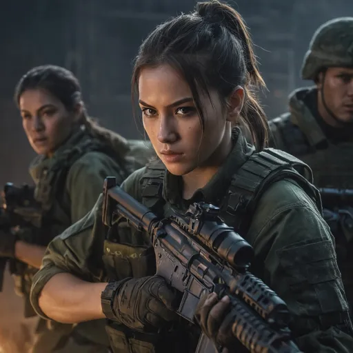 Prompt: Digital concept art, night time, portrait, group photo of special operators, soldiers in the background, extreme close up, upper body shot, a hot beautiful spec ops girl in dark green shirt, wearing a heavy plate carrier body armor, brunette braided ponytail, aiming an assault rifle, aiming from shoulder, weapon aim, weapon at the ready, battle ready, night time, night operation, dark surroundings, pitch dark, head facing other way, eyes looking at camera, cautious face, on full alert, dynamic, energetic, contrast shadow, dramatic lighting, hi res, intricate details, detailed face, detailed armor, detailed hair, detailed eyes, UHD, 8K, 85mm lens, Sony A7R, bokeh