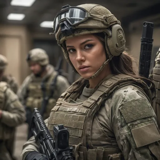 Prompt: Digital concept art, portrait shot, group shot, side shot, group photo of special operators, medium close up, a hot beautiful mercenary girl in multicam BDU, wearing a heavy plate carrier body armor, wearing OPS-CORE FAST tactical helmet, integrated intercom on helmet, carrying an assault rifle, weapon at the ready, battle ready, inside military forward operation base, head facing other way, eyes looking at the camera, cautious face, contrast shadow, sun rays, dramatic lighting, hi res, intricate details, detailed face, detailed armor, detailed hair, detailed eyes, UHD, 8K, 85mm lens, Sony A7R, bokeh