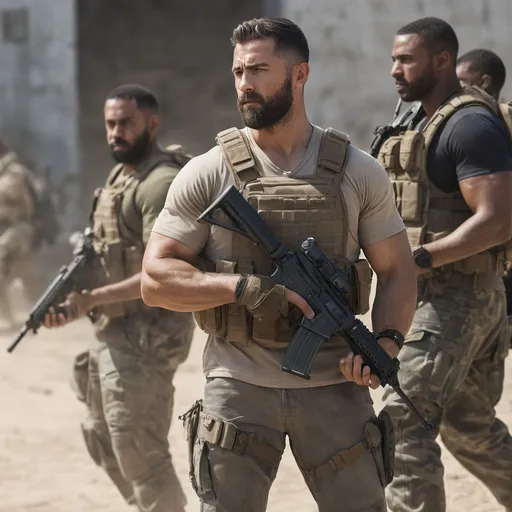 Prompt: Digital concept art, portrait, group photo of special operators, soldiers in the background, medium shot, side profile, a hot handsome spec ops man in beige v-neck t-shirt, full beard, wearing a heavy plate carrier body armor, wearing denim pants, brunette short fade hair, aiming an assault rifle, aiming from shoulder, weapon aim, weapon at the ready, battle ready, patrolling inside village, tactical SUV in the background, head facing other way, eyes looking at camera, cautious face, on full alert, dynamic, energetic, contrast shadow, dramatic lighting, sun rays, hi res, intricate details, detailed face, detailed armor, detailed hair, detailed eyes, UHD, 8K, 85mm lens, Sony A7R, bokeh